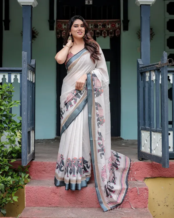 Off_White_Linen_Cotton_Printed_Saree_With_Blouse_For_Women