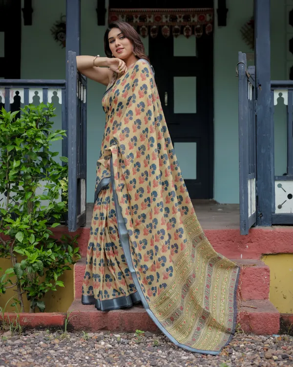 Beige_Linen_Cotton_Floral_Print_Saree_With_Blouse_For_Women