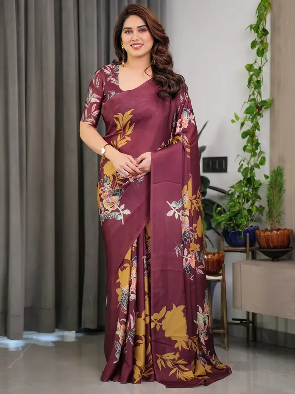 Maroon_Satin_Floral_Print_Saree_With_Blouse_For_Women