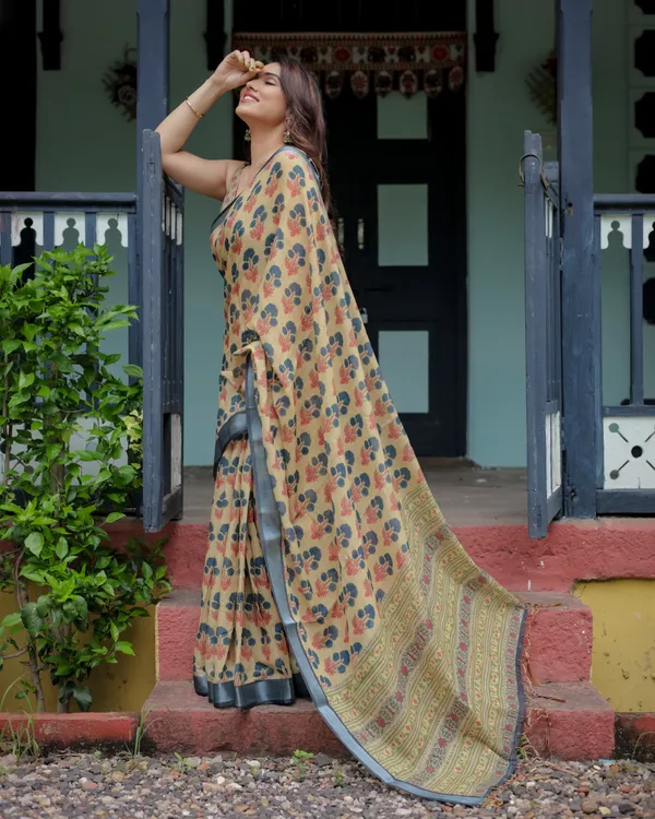 Beige_Linen_Cotton_Floral_Print_Saree_With_Blouse_For_Women