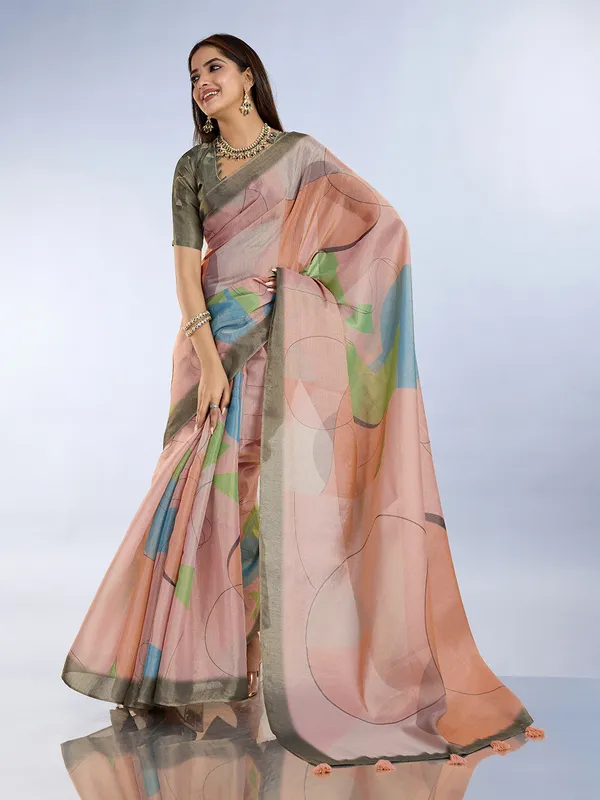 Peach_Cotton_Abstract_Geometric_Print_Saree_With_Blouse_For_Women