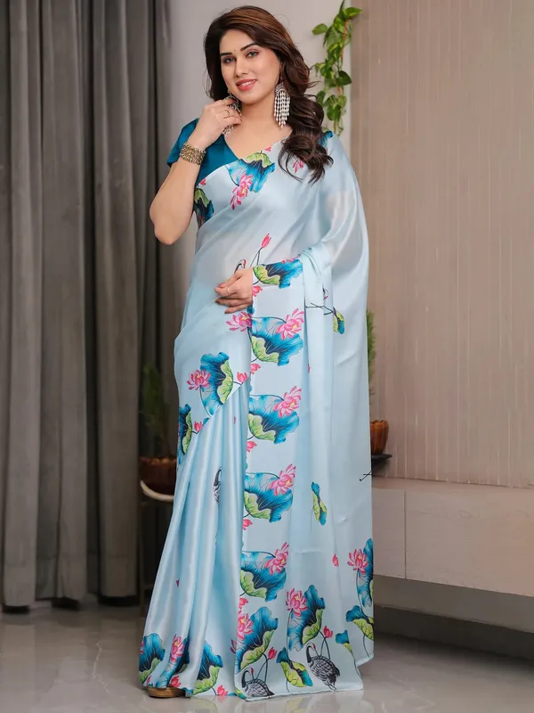 Light_Blue_Satin_Floral_Print_Saree_With_Blouse_For_Women