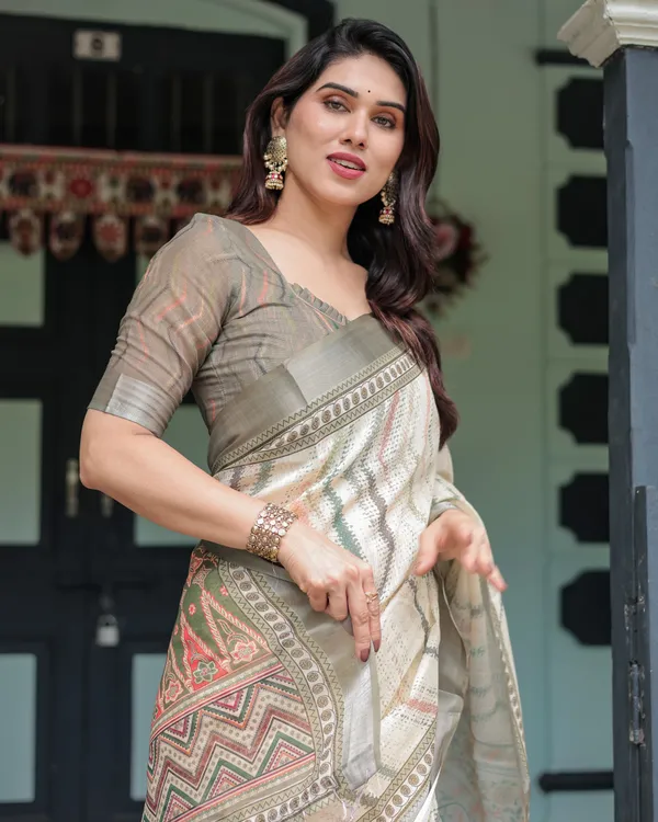 Beige_Linen_Cotton_Geometric_Print_Saree_With_Blouse_For_Women