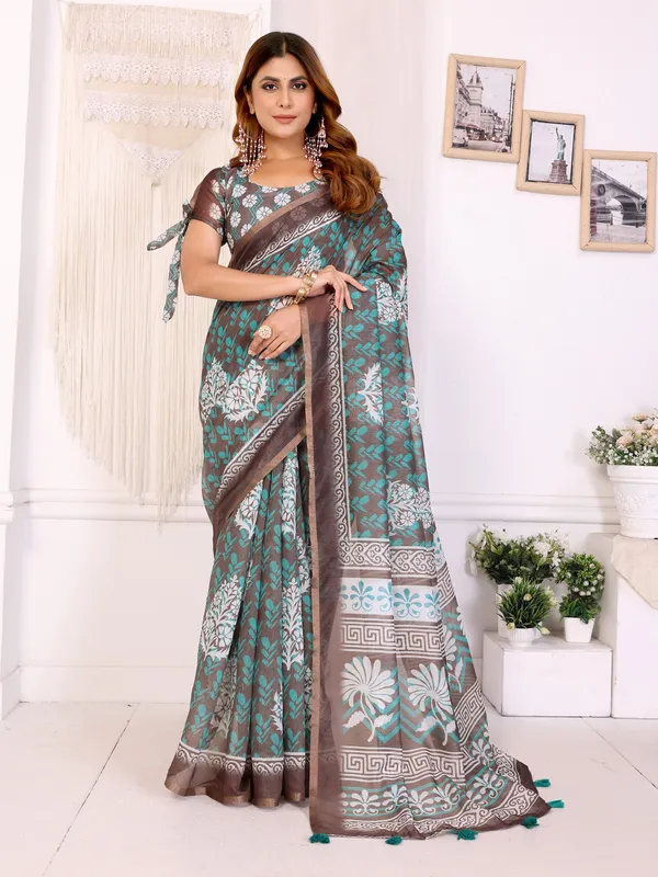 Teal_And_Brown_Chanderi_Cotton_Floral_Print_Saree_With_Blouse_For_Women