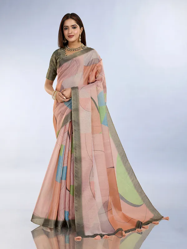 Peach_Cotton_Abstract_Geometric_Print_Saree_With_Blouse_For_Women
