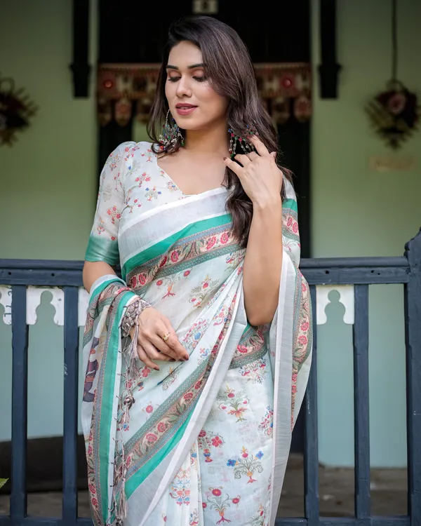 White_Linen_Cotton_Floral_Print_Saree_With_Blouse_For_Women