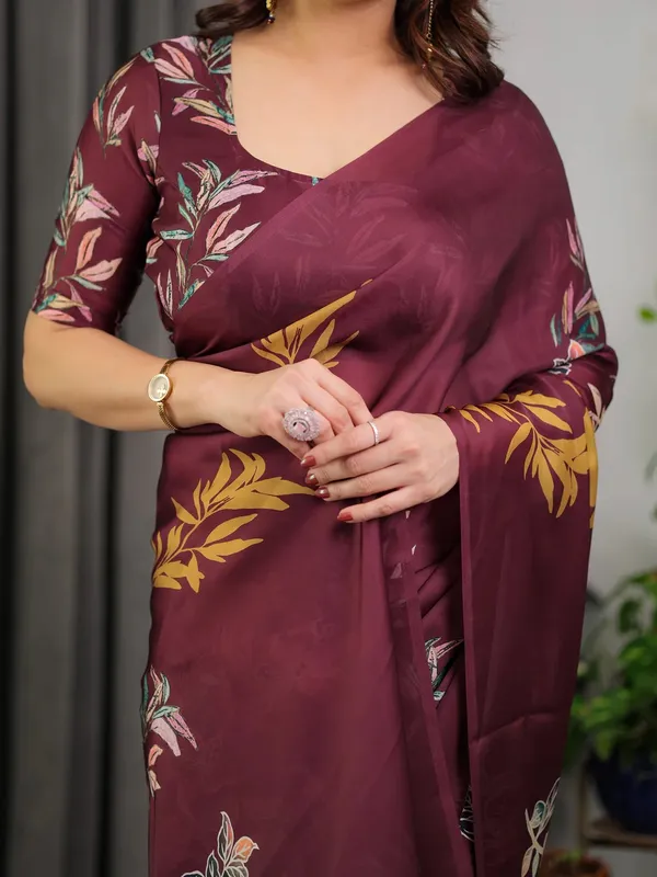 Maroon_Satin_Floral_Print_Saree_With_Blouse_For_Women