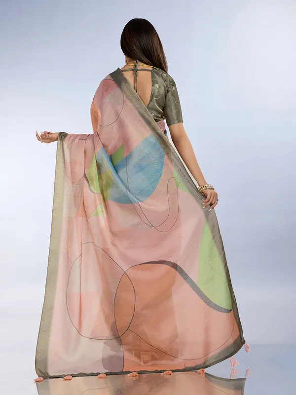 Peach_Cotton_Abstract_Geometric_Print_Saree_With_Blouse_For_Women