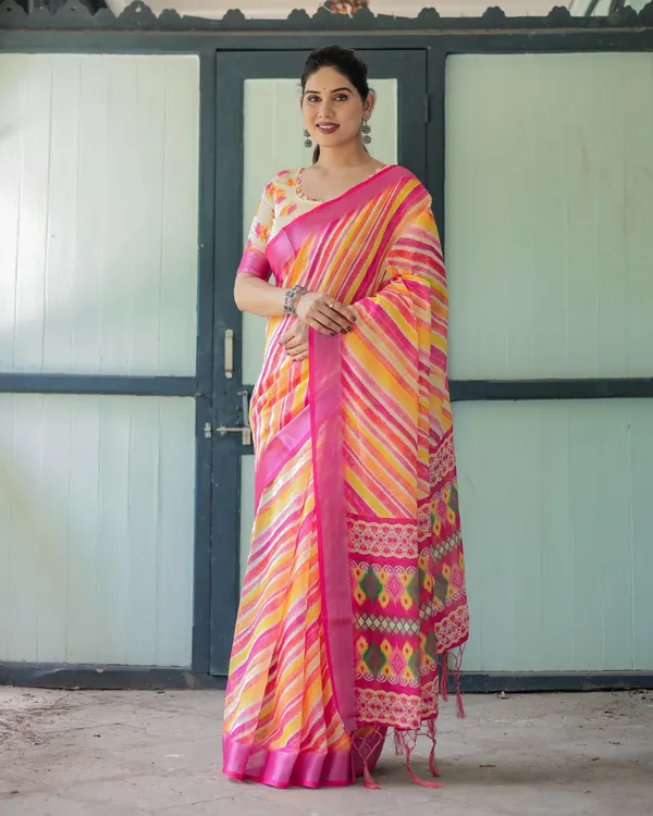 Multicolour_Linen_Cotton_Striped_Print_Saree_With_Blouse_For_Women