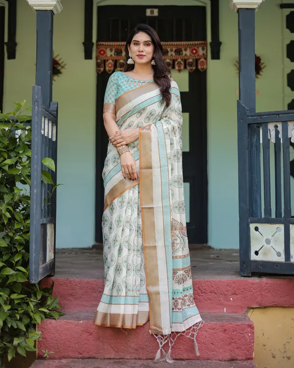 Multicolour_Linen_Cotton_Circular_Motif_Print_Saree_With_Blouse_For_Women
