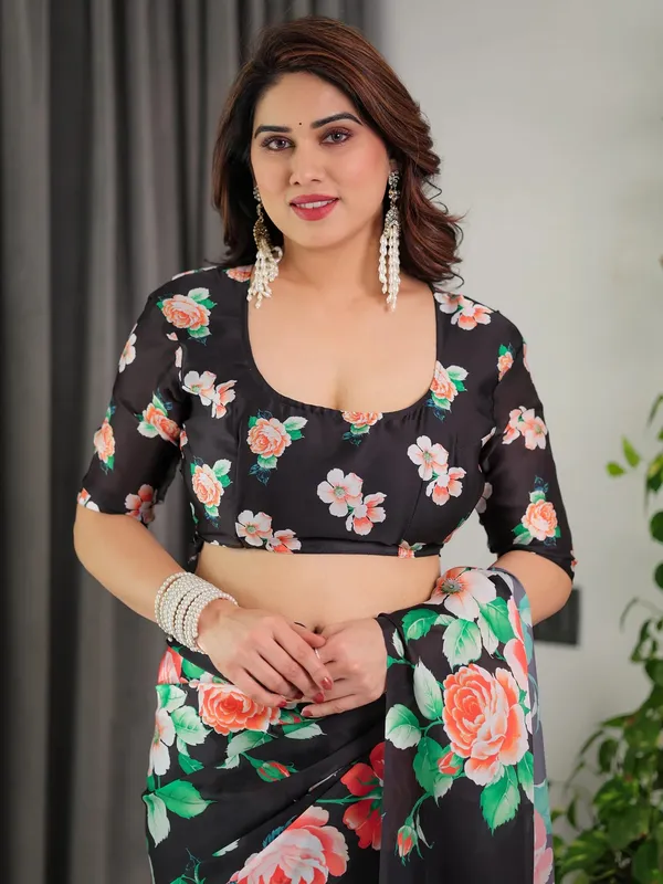 Black_Satin_Floral_Print_Saree_With_Blouse_For_Women