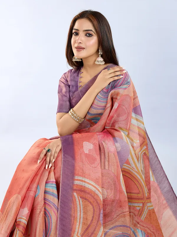 Peach_Cotton_Abstract_Multicolour_Print_Saree_With_Blouse_For_Women