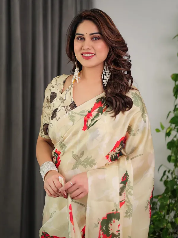 Cream_Satin_Floral_Print_Saree_With_Blouse_For_Women