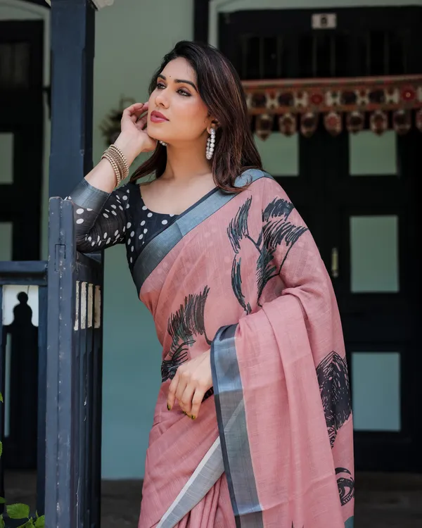 Pink_Linen_Cotton_Bird_Foliage_Print_Saree_With_Blouse_For_Women