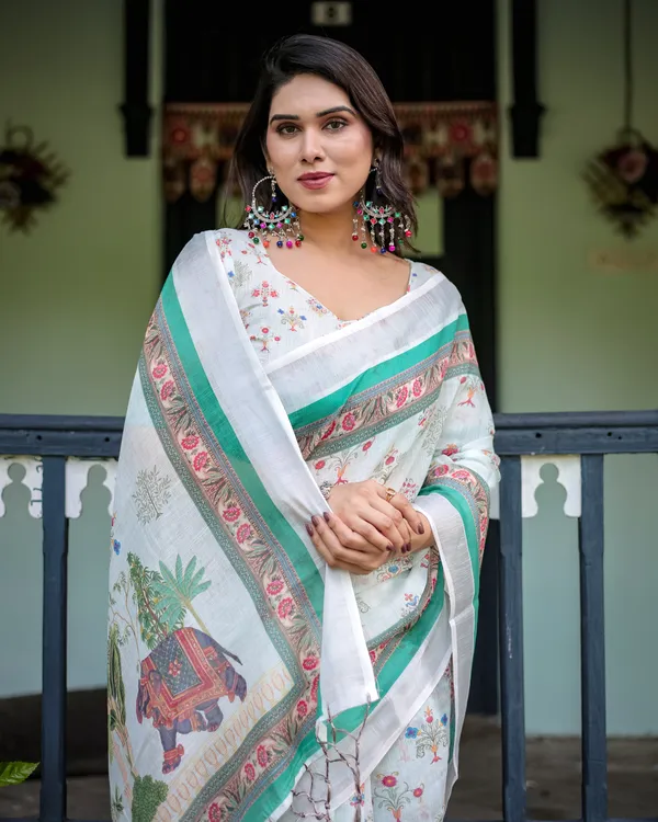 White_Linen_Cotton_Floral_Print_Saree_With_Blouse_For_Women