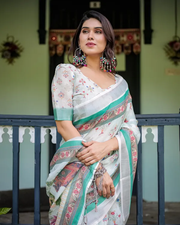 White_Linen_Cotton_Floral_Print_Saree_With_Blouse_For_Women