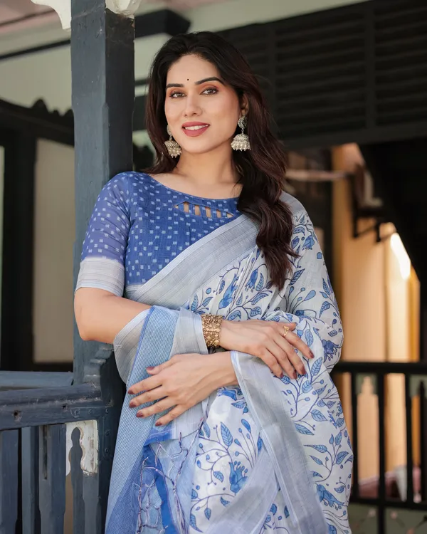 Blue_Linen_Cotton_Floral_Print_Saree_With_Blouse_For_Women