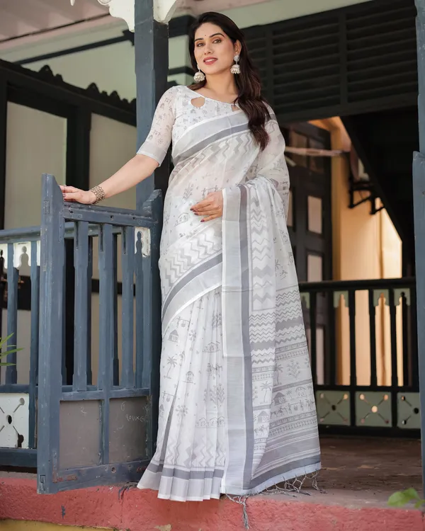 White_Linen_Cotton_Geometric_Floral_Print_Saree_With_Blouse_For_Women