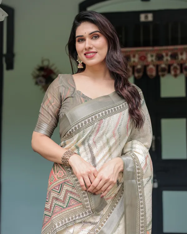 Beige_Linen_Cotton_Geometric_Print_Saree_With_Blouse_For_Women