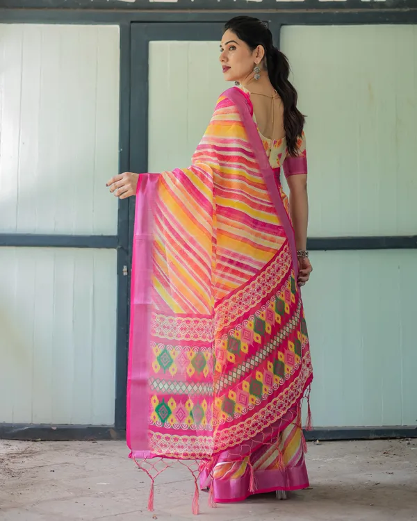 Multicolour_Linen_Cotton_Striped_Print_Saree_With_Blouse_For_Women
