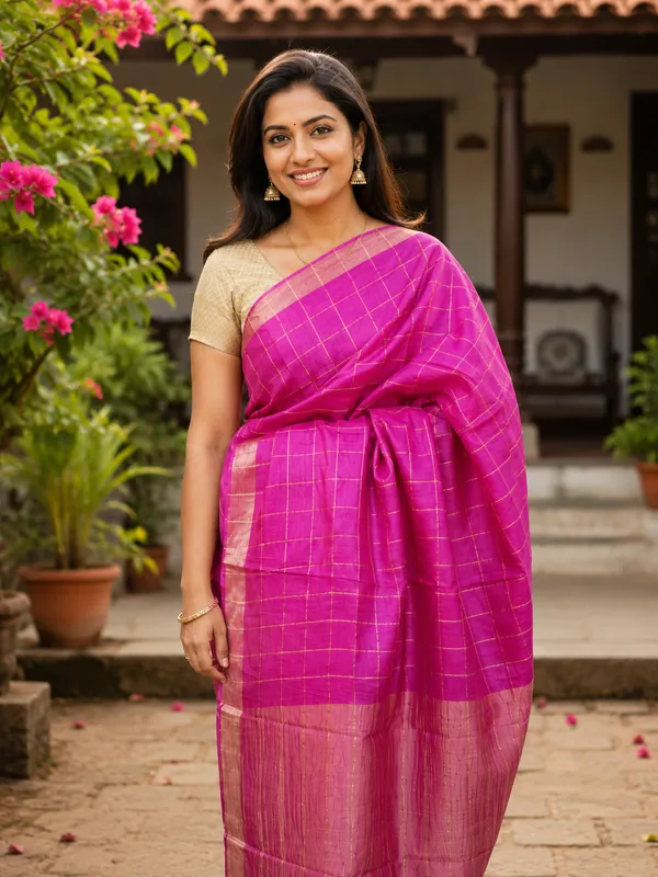 Pure_Handloom_Tussar_Zari_Checks_Saree_with_Handpainted_Kalamkari_Blouse
