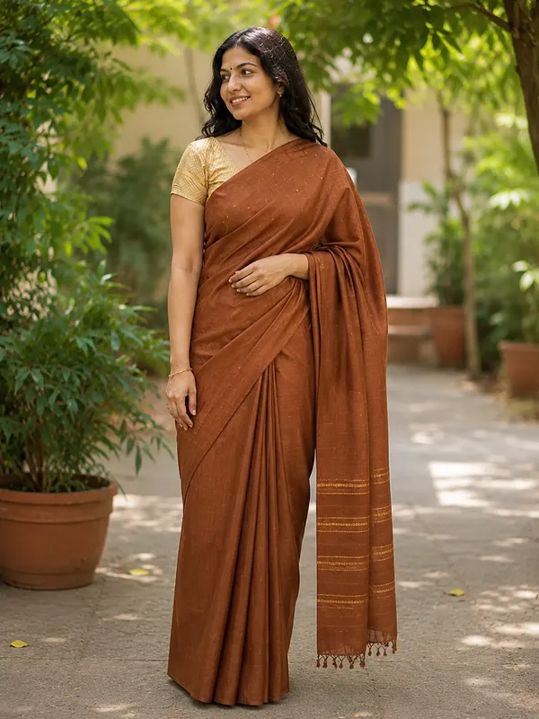 Bronze_Pure_Handloom_Tussar_Silk_With_Sequin_Buti_Saree