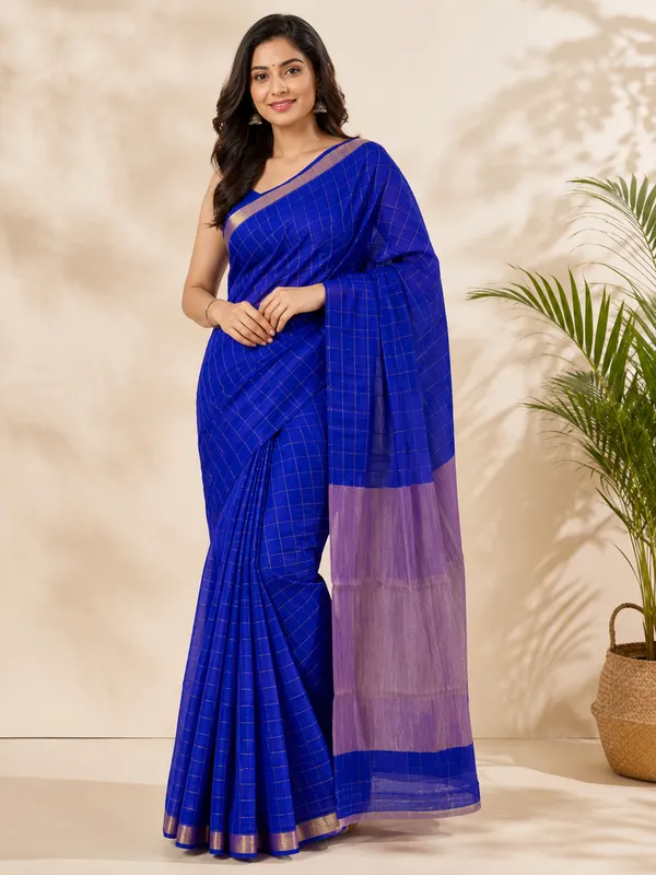 Blue_Pure_Handloom_Tussar_Zari_Checks_Woven_Saree