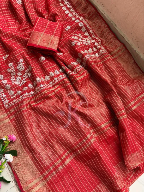 Red_zari_pitta_work_kota_check_festive_Saree