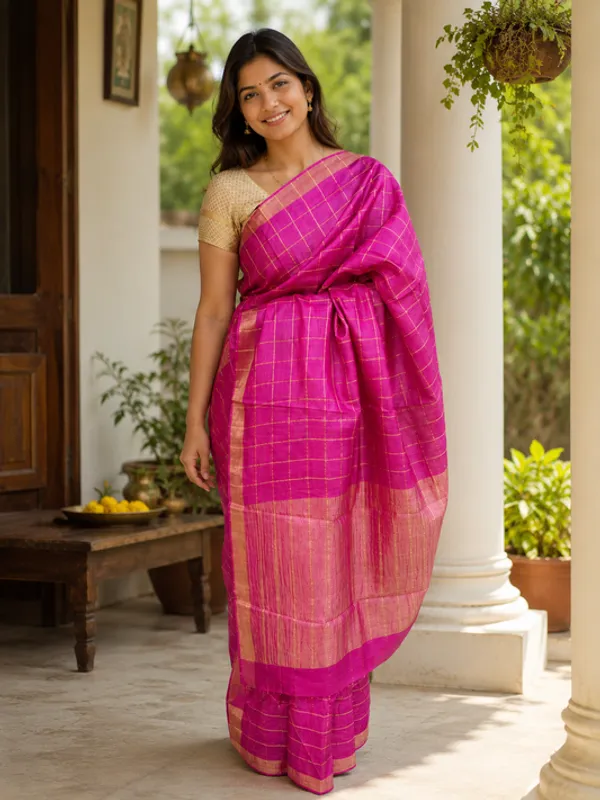 Pure_Handloom_Tussar_Zari_Checks_Saree_with_Handpainted_Kalamkari_Blouse
