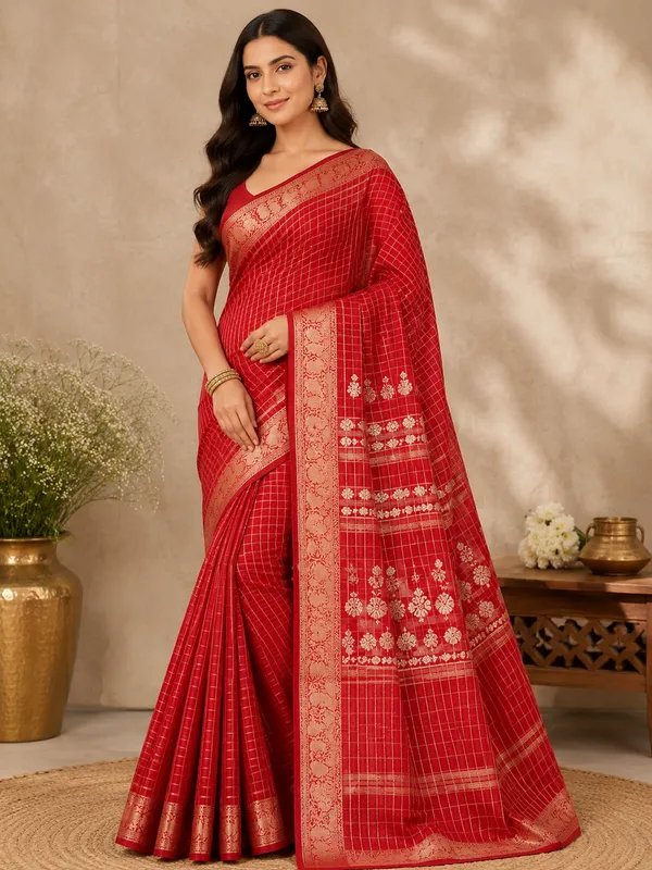 Red_Zari_Pitta_Work_Kota_Check_Festive_Saree
