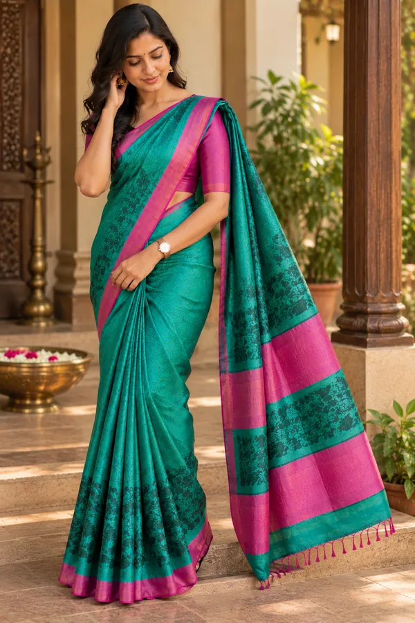 Bottle_Green_Pure_Tussar_Silk_Printed_Saree