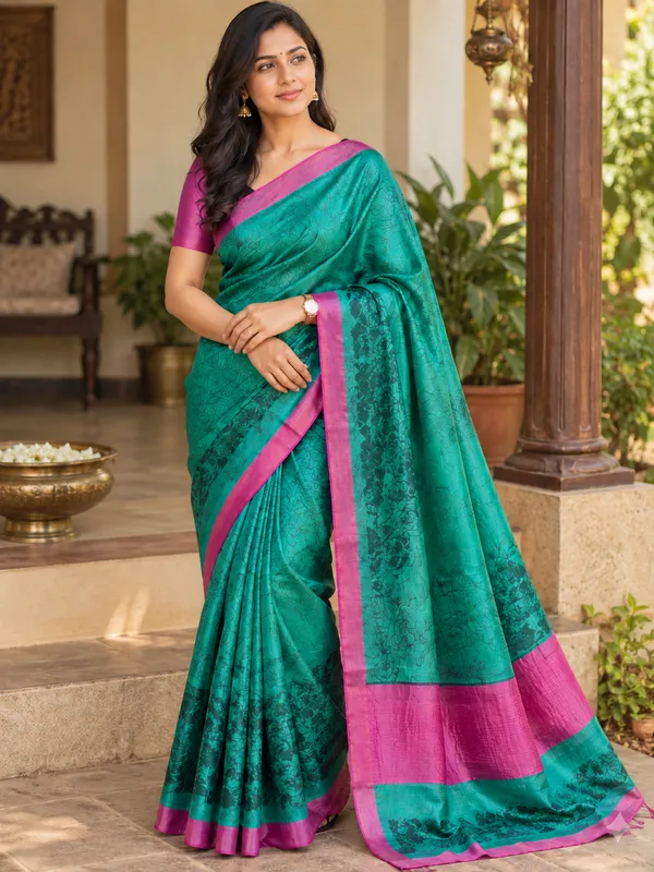 Bottle_Green_Pure_Tussar_Silk_Printed_Saree