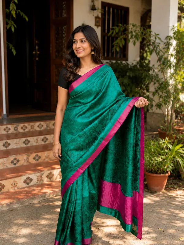 Pure_Tussar_Silk_Green_Printed_Saree