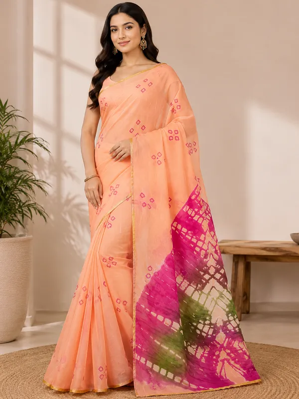 Peach_Peach_Jodhpuri_Hand_Made_Bandhej_Saree