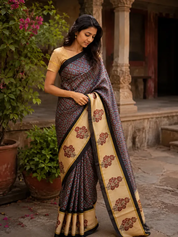 Grey_Pure_Tussar_Silk_Printed_Saree