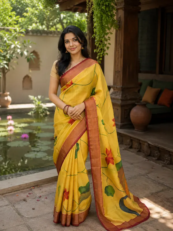Yellow_Pure_Tussar_Silk_Handpainted_Saree