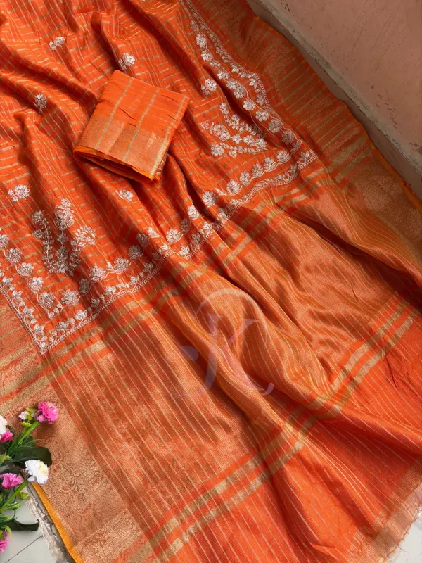 Orange_zari_pitta_work_kota_check_Festive_Saree