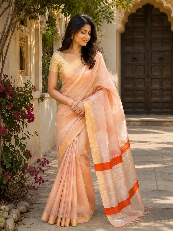 Champagne_Orange_Pure_Handloom_Tussar_Tissue_Zari_Sequin_Woven_Saree
