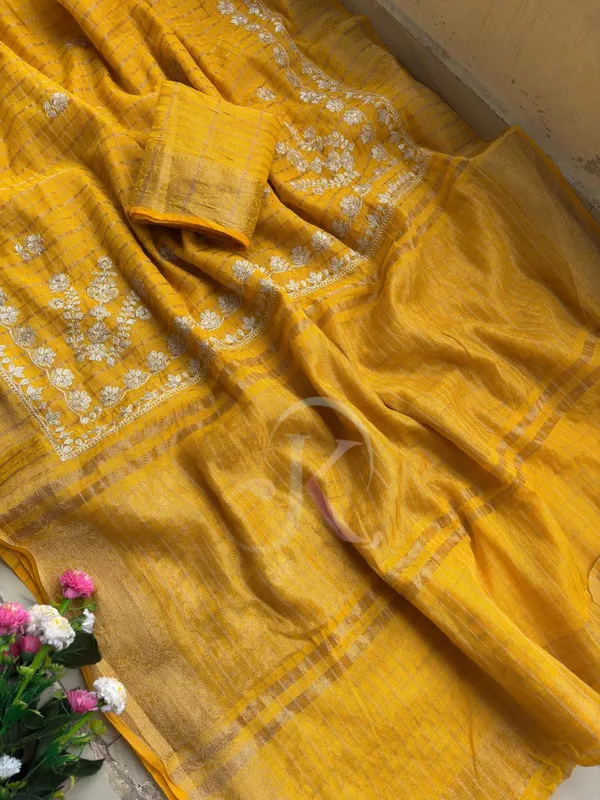 Yellow_zari_pitta_work_kota_check_festive_Saree