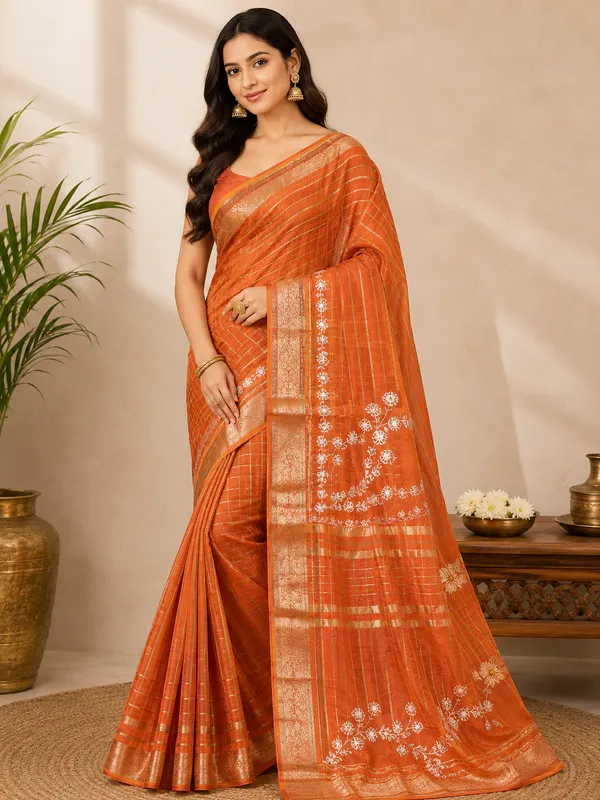 Rust_Orange_Zari_Pitta_Work_Kota_Check_Festive_Saree
