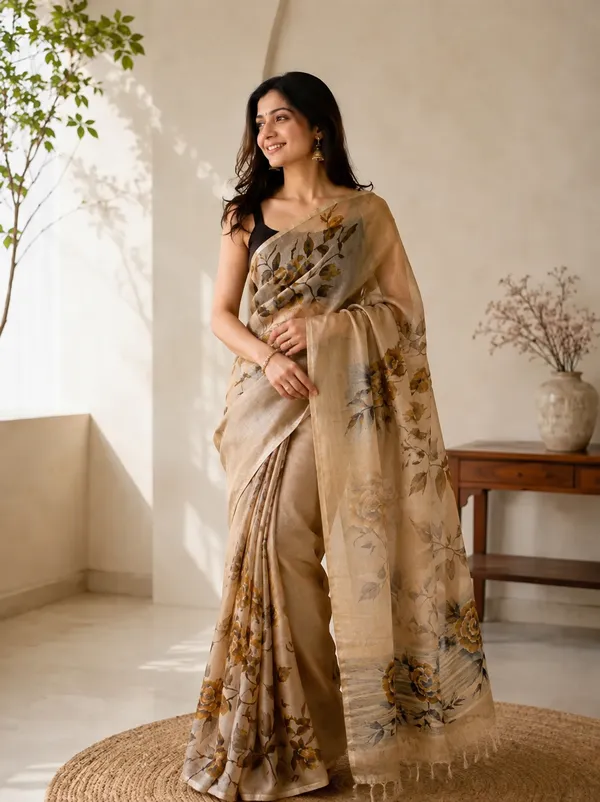 Earthy_Beige_Pure_Tussar_Tissue_Silk_Hand_Painted_Saree