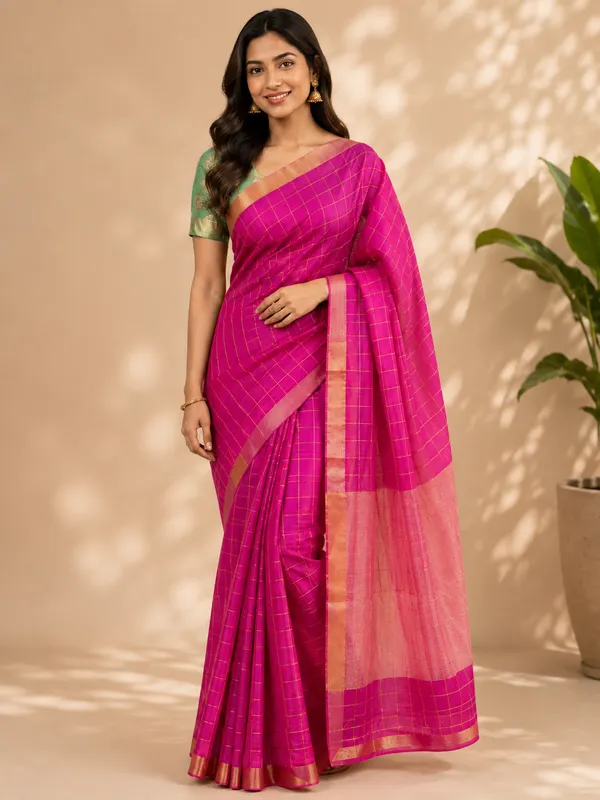 Pink_Pure_Handloom_Tussar_Zari_Checks_Saree_With_Handpainted_Kalamkari_Blouse