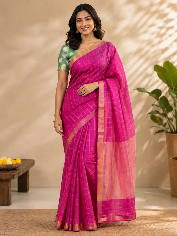 Pink_Pure_Handloom_Tussar_Zari_Checks_Saree_With_Handpainted_Kalamkari_Blouse