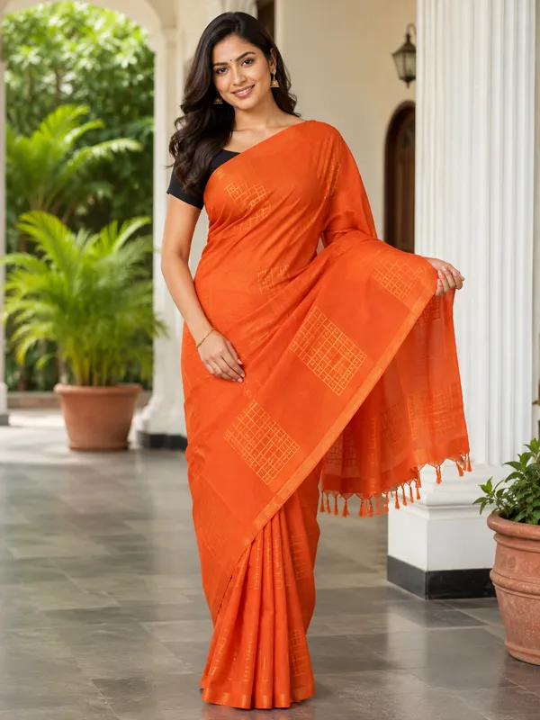 Orange_Pure_Tussar_Embroidery_Saree