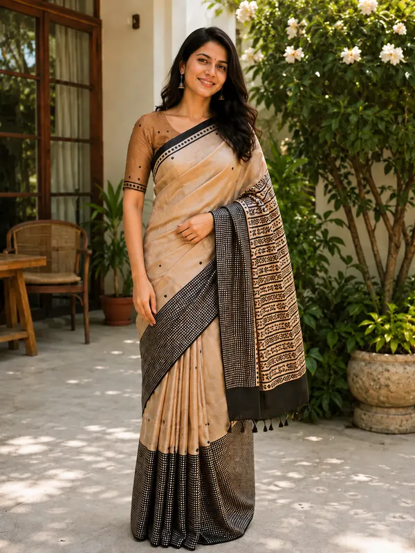 Beige_Pure_Tussar_Silk_Printed_Saree