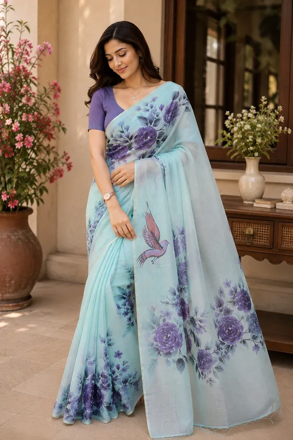 Sea_Green_Pure_Tussar_Organza_Handpainted_Saree