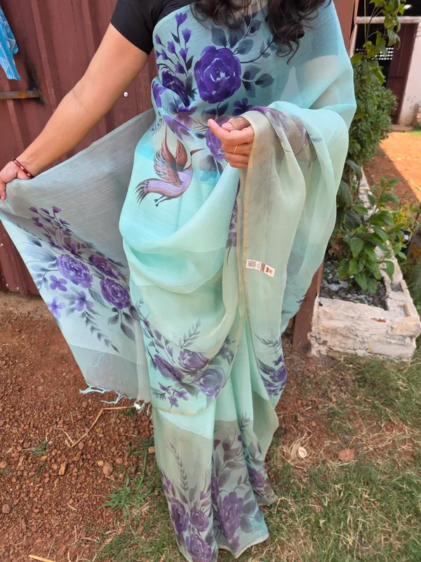 Sea_Green_Pure_Tussar_Organza_Handpainted_Saree