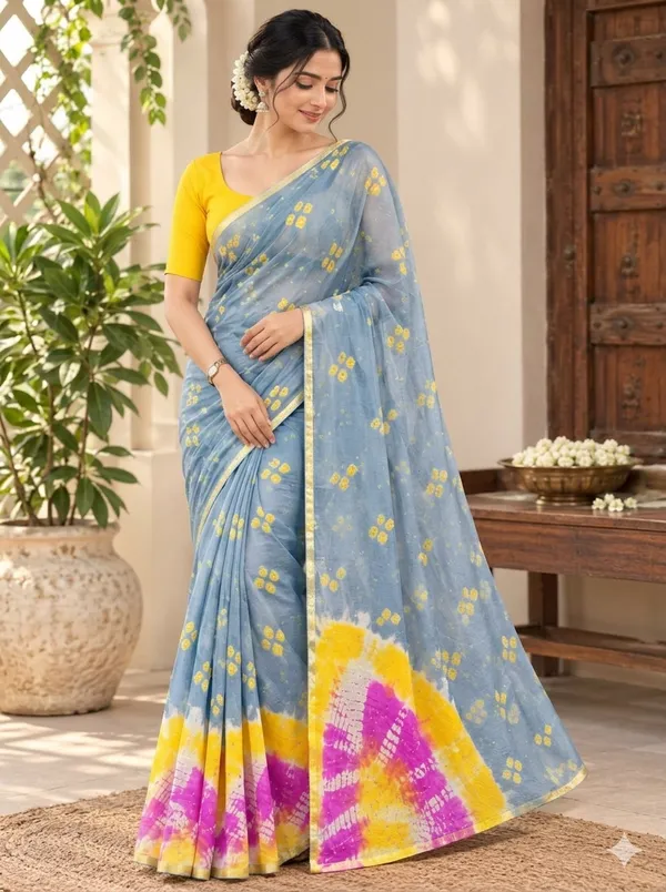 Dusty_Greyish_Blue_Jodhpuri_Hand_Made_Bandhej_Saree