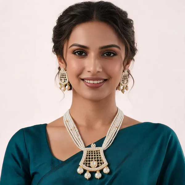 White_Gold_Plated_Pearl_Multi-Strand_Diamond_Jewellery_Set_For_Women