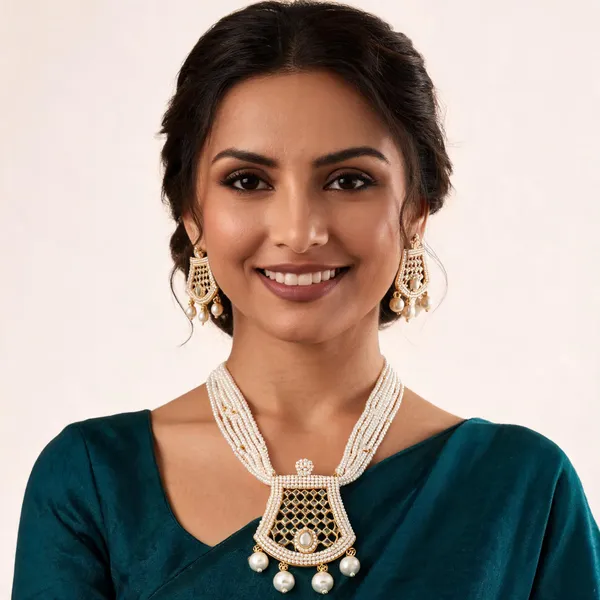 White_Gold_Plated_Pearl_Multi-Strand_Diamond_Jewellery_Set_For_Women